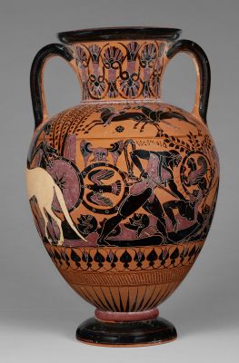 Χαλκιδικός μελανόμορφος αμφορέας με λαιμό, Ζωγράφος της Επιγραφής, Οι Έλληνες σκοτώνουν το βασιλιά Ρήσο και τους Θράκες στην Τροία, 540 π.Χ.