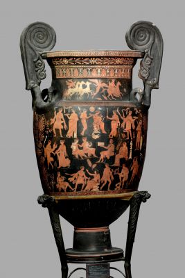 Apulian red-figured volute-krater by Lycurgus Painter with Apollo playing lyre, surrounded by Satyrs, young men and women, 360-340 BC (the reverse side)