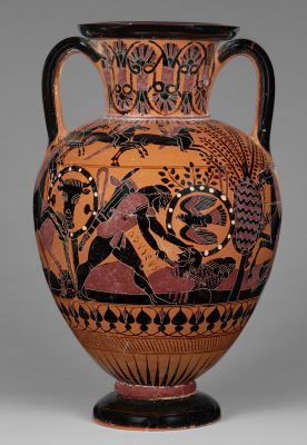 Χαλκιδικός μελανόμορφος αμφορέας με λαιμό, Ζωγράφος της Επιγραφής, Οι Έλληνες σκοτώνουν το βασιλιά Ρήσο και τους Θράκες στην Τροία, 540 π.Χ.